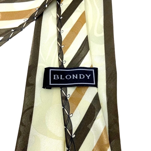 BLONDY Dark Grn Tan Cream Neck Tie w Pocket Square - Picture 4 of 6